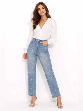 EUC Banjara SZ 7/27 blue 5-pocket cropped jeans w/faux pearl accents/Waist 29”